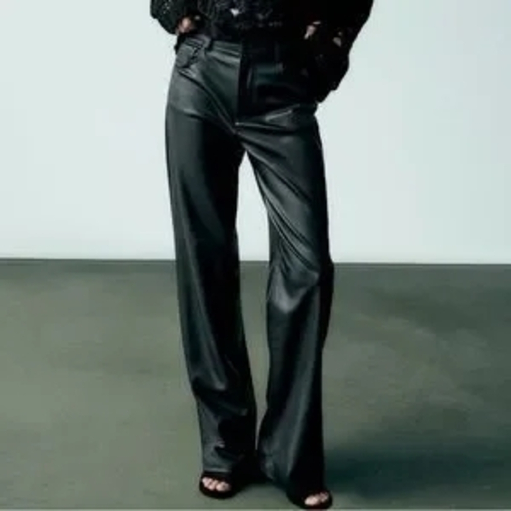 Zara Black Leather-Style Trousers Straight Leg Sz8 Gentle Used